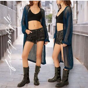 FREE PEOPLE Women’s Lattice Open Knit Cardigan in the Size Medium in Teal Blue